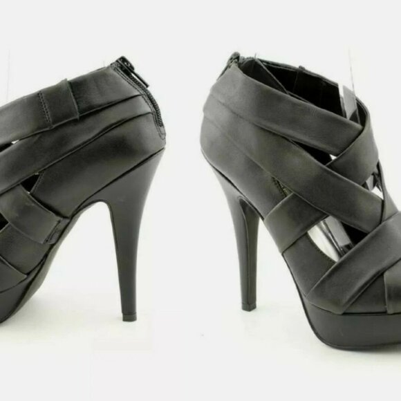 INC Black Leather Marona Open Toe Strappy Platform Heels Shoes - Picture 2 of 5